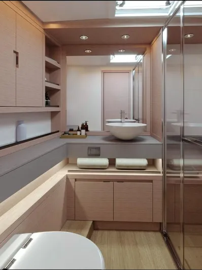  Yacht Photos Pics Luxurious bathroom interior of 2026 Pardo Yachts GT52, featuring modern fixtures and elegant wood finishes.