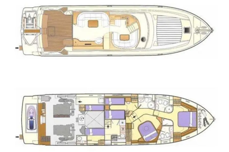  Yacht Photos Pics Floor plan of a 2003 Ferretti Yachts 620, showcasing upper and lower decks.