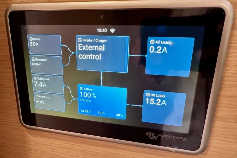  Yacht Photos Pics Control panel display on a 2018 Jeanneau 54 yacht showing battery and power status.
