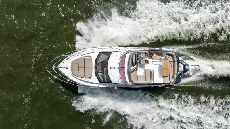  Yacht Photos Pics Aerial view of 2019 Princess F45 yacht cruising on water.