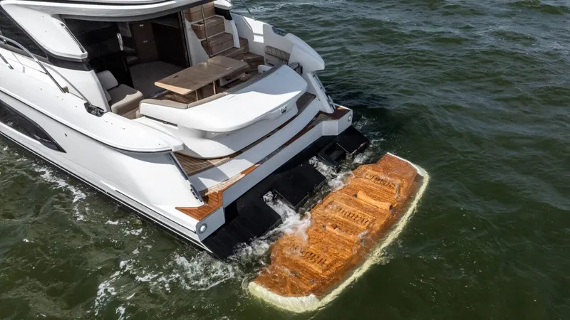  Yacht Photos Pics 2019 Princess F45 yacht with extended swim platform on the water.