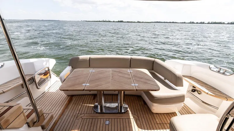  Yacht Photos Pics Luxury seating area on 2019 Princess F45 yacht with ocean view.