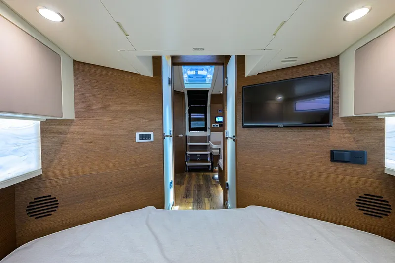 53 Scout Yacht Photos Pics Interior cabin of 2021 Scout 530 LXF yacht with modern amenities and wood finish.