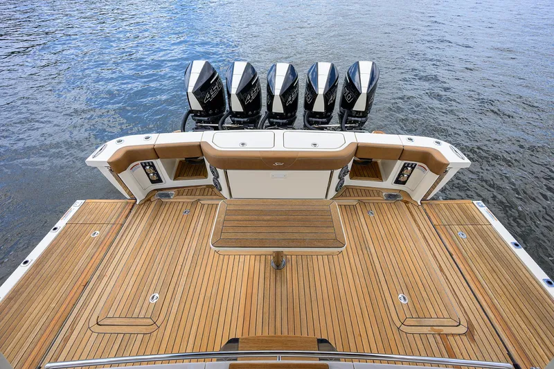 53 Scout Yacht Photos Pics 2021 Scout 530 LXF boat with five powerful outboard engines and spacious teak deck.