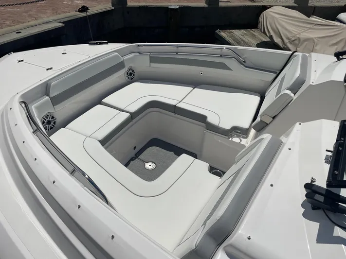  Yacht Photos Pics 2023 Pursuit DC 365 Dual Console boat with spacious white seating area.