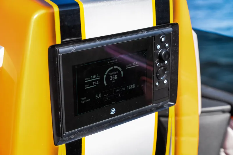  Yacht Photos Pics Dashboard of a 2020 Fountain 47 Lightning boat with digital display.