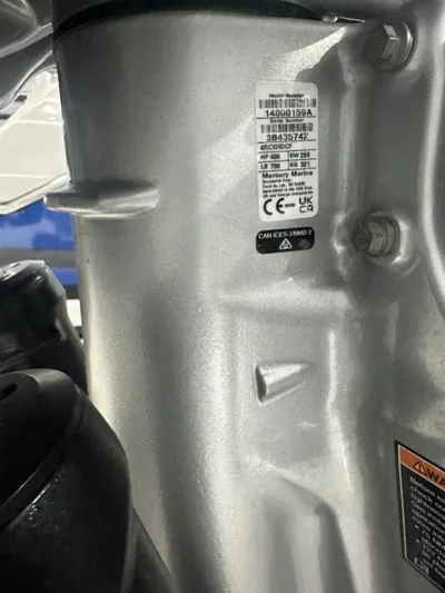  Yacht Photos Pics Close-up of a 2024 Nor-Tech 390 Sport Center Console engine label.