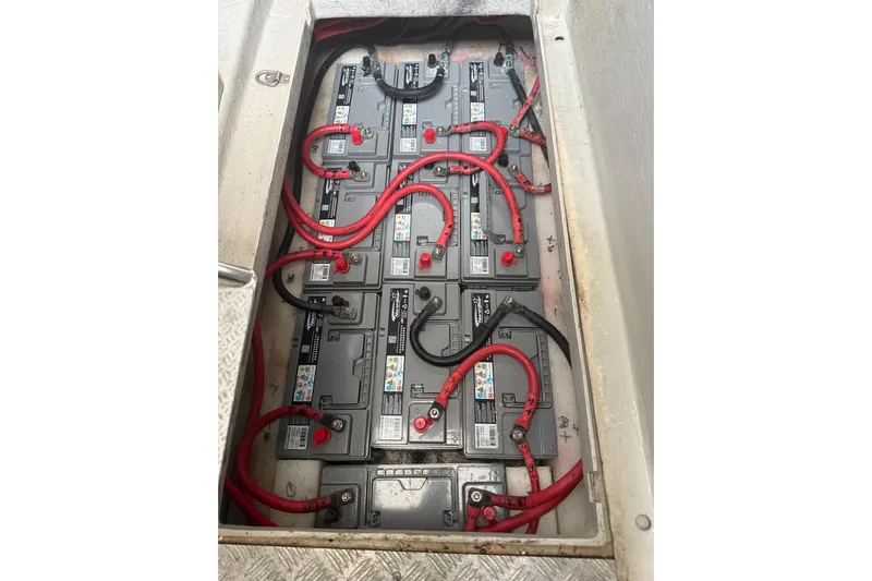 Seaya II Yacht Photos Pics Battery compartment of a 2008 Sunseeker Manhattan 50 yacht with multiple connected batteries.