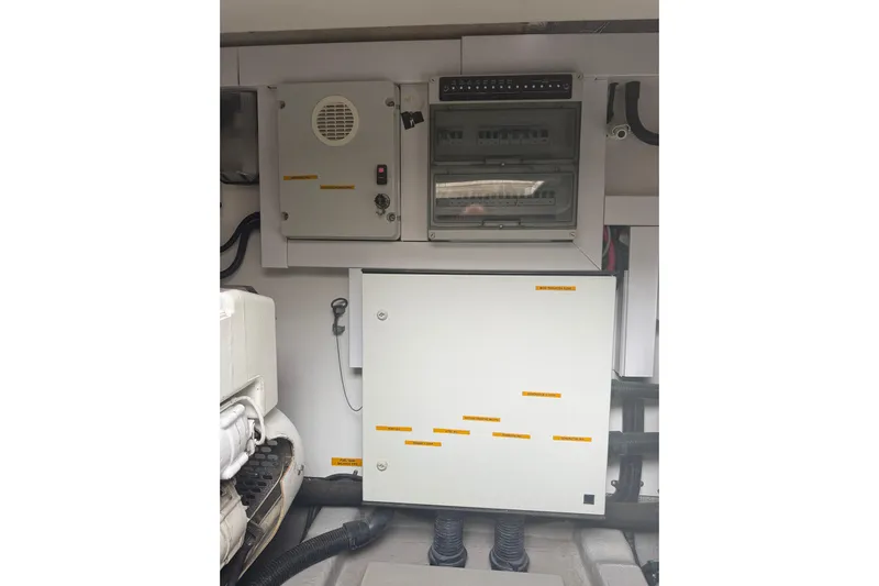 Seaya II Yacht Photos Pics Electrical panel in a 2008 Sunseeker Manhattan 50 yacht engine room.