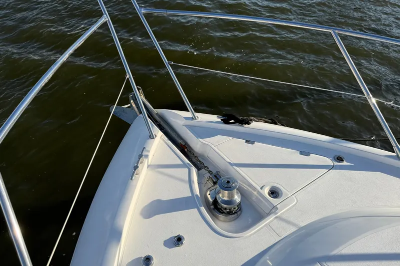 Seaya II Yacht Photos Pics Bow view of 2008 Sunseeker Manhattan 50 yacht on water.