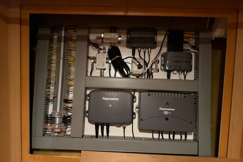 Seaya II Yacht Photos Pics Electrical panel with Raymarine equipment on a 2008 Sunseeker Manhattan 50 yacht.