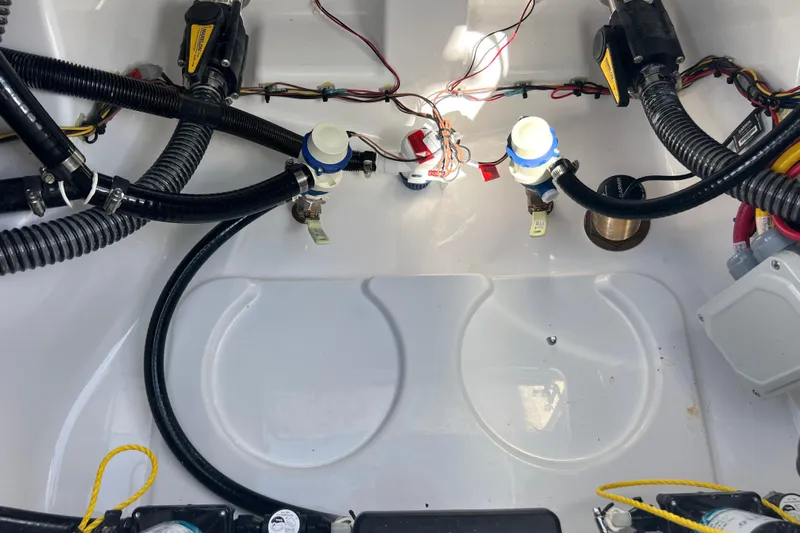  Yacht Photos Pics 2026 Sportsman Masters 247 Bay Boat wiring and plumbing components.