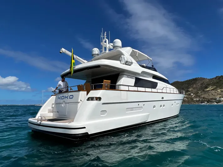 Koko Yacht Photos Pics Sanlorenzo SL72 2006 yacht on clear blue water with scenic background.