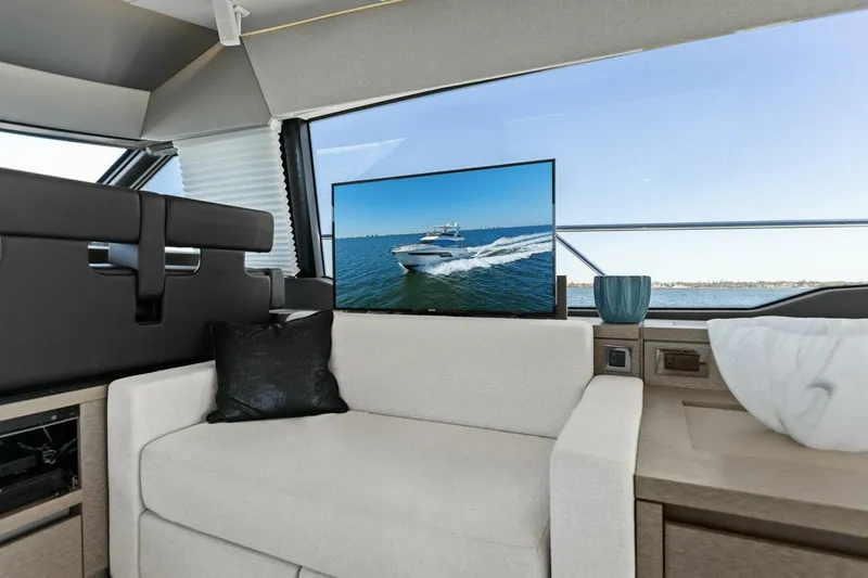 Radiant Yacht Photos Pics Luxurious interior of 2019 Prestige 630 Flybridge yacht with modern decor and large window view.