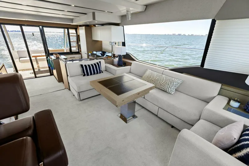 Radiant Yacht Photos Pics Luxurious interior of 2019 Prestige 630 Flybridge yacht with ocean view.