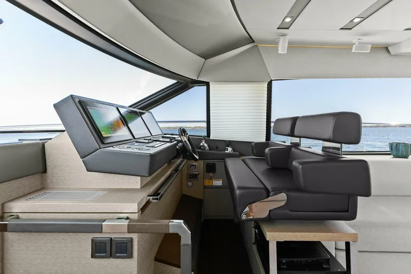 Radiant Yacht Photos Pics Luxurious 2019 Prestige 630 Flybridge yacht interior with modern helm station and panoramic views.