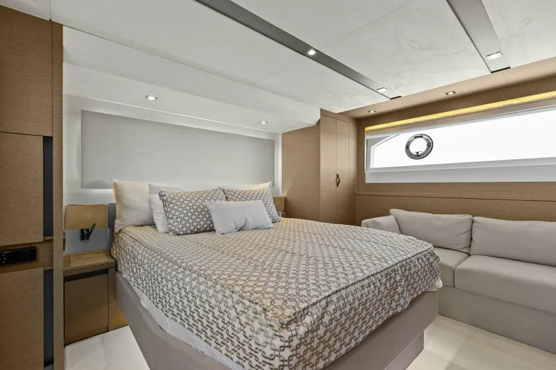 Radiant Yacht Photos Pics Luxurious bedroom interior of 2019 Prestige 630 Flybridge yacht with modern design.