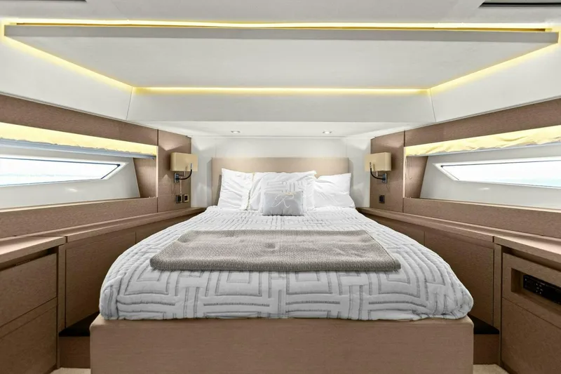 Radiant Yacht Photos Pics Luxurious bedroom interior of 2019 Prestige 630 Flybridge yacht.