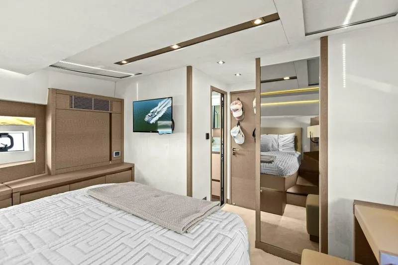 Radiant Yacht Photos Pics Luxurious interior of 2019 Prestige 630 Flybridge yacht bedroom.