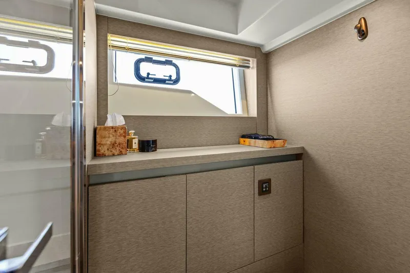 Radiant Yacht Photos Pics Luxurious bathroom interior of 2019 Prestige 630 Flybridge yacht.