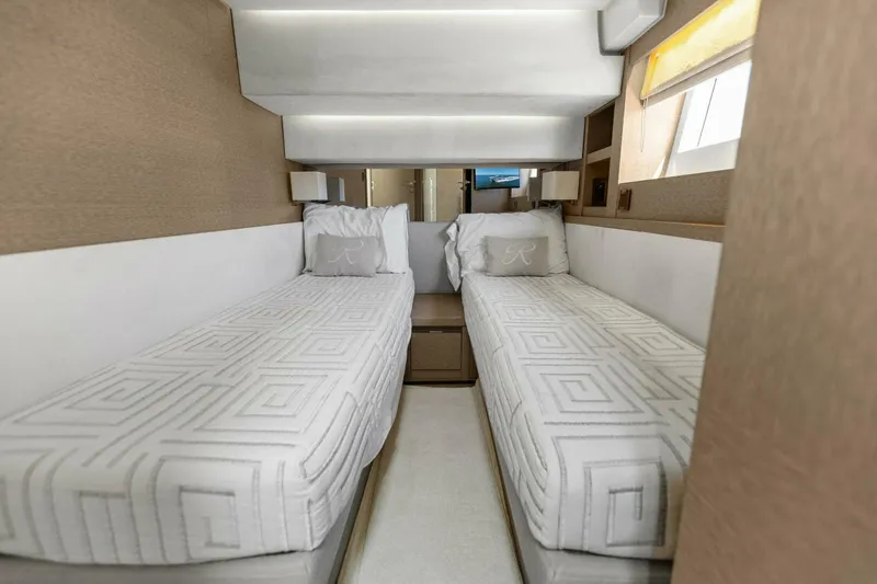 Radiant Yacht Photos Pics Luxurious twin cabin in 2019 Prestige 630 Flybridge yacht.