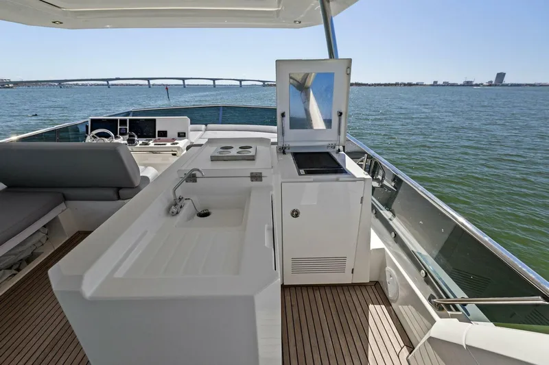Radiant Yacht Photos Pics Prestige 630 Flybridge 2019 yacht with outdoor kitchen and scenic water view.