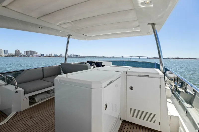 Radiant Yacht Photos Pics Prestige 630 Flybridge 2019 yacht with spacious deck and scenic water view.