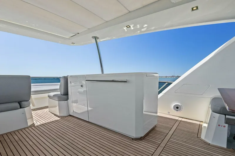 Radiant Yacht Photos Pics Prestige 630 Flybridge 2019 yacht deck with modern seating and ocean view.
