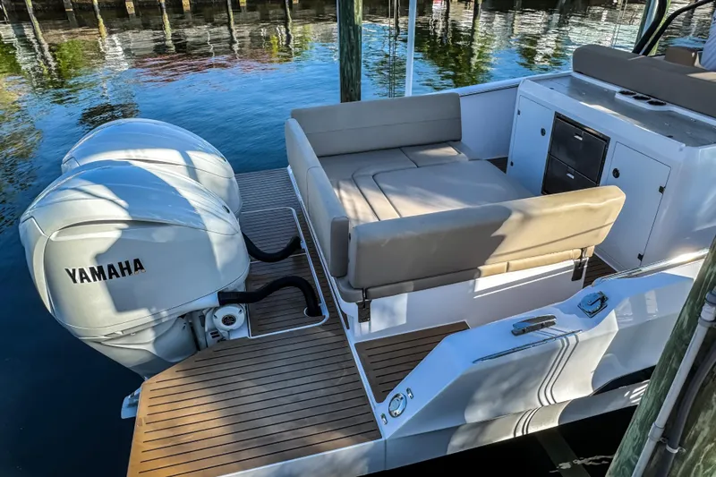  Yacht Photos Pics STERK 31 boat 2025 with Yamaha engines at dock.