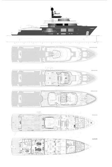 King Benji Yacht Photos Pics Blueprint of 2024 Dunya Yachts model, showcasing detailed deck layouts and side profile.