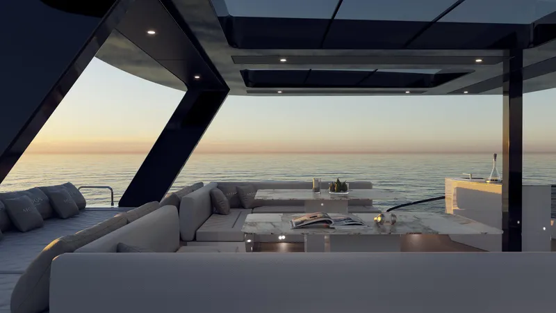 Moon 60 Power Arctic Moon Yacht Photos Pics Luxurious Moon 60 Power yacht interior with ocean view at sunset, 2025 model.