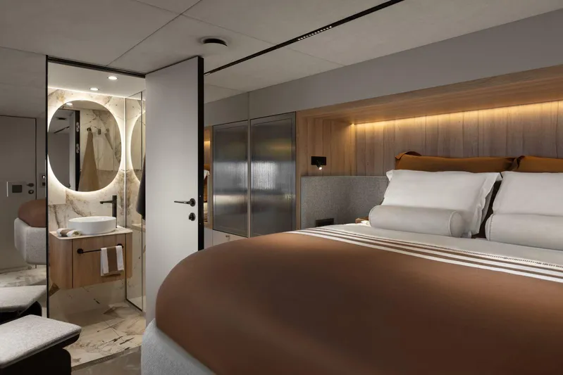 Moon 60 Power Arctic Moon Yacht Photos Pics Luxurious 2025 Moon 60 Power yacht interior with elegant bedroom and modern bathroom design.