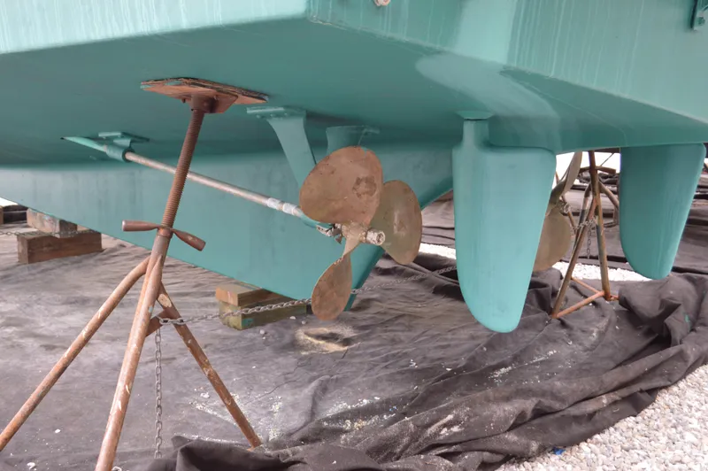 Interlude Yacht Photos Pics Propeller and hull of 1987 Grand Banks 36 Classic on dry dock.