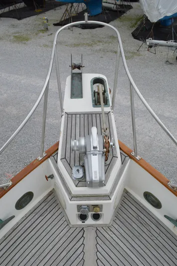 Interlude Yacht Photos Pics Bow view of 1987 Grand Banks 36 Classic yacht with anchor and winch system.