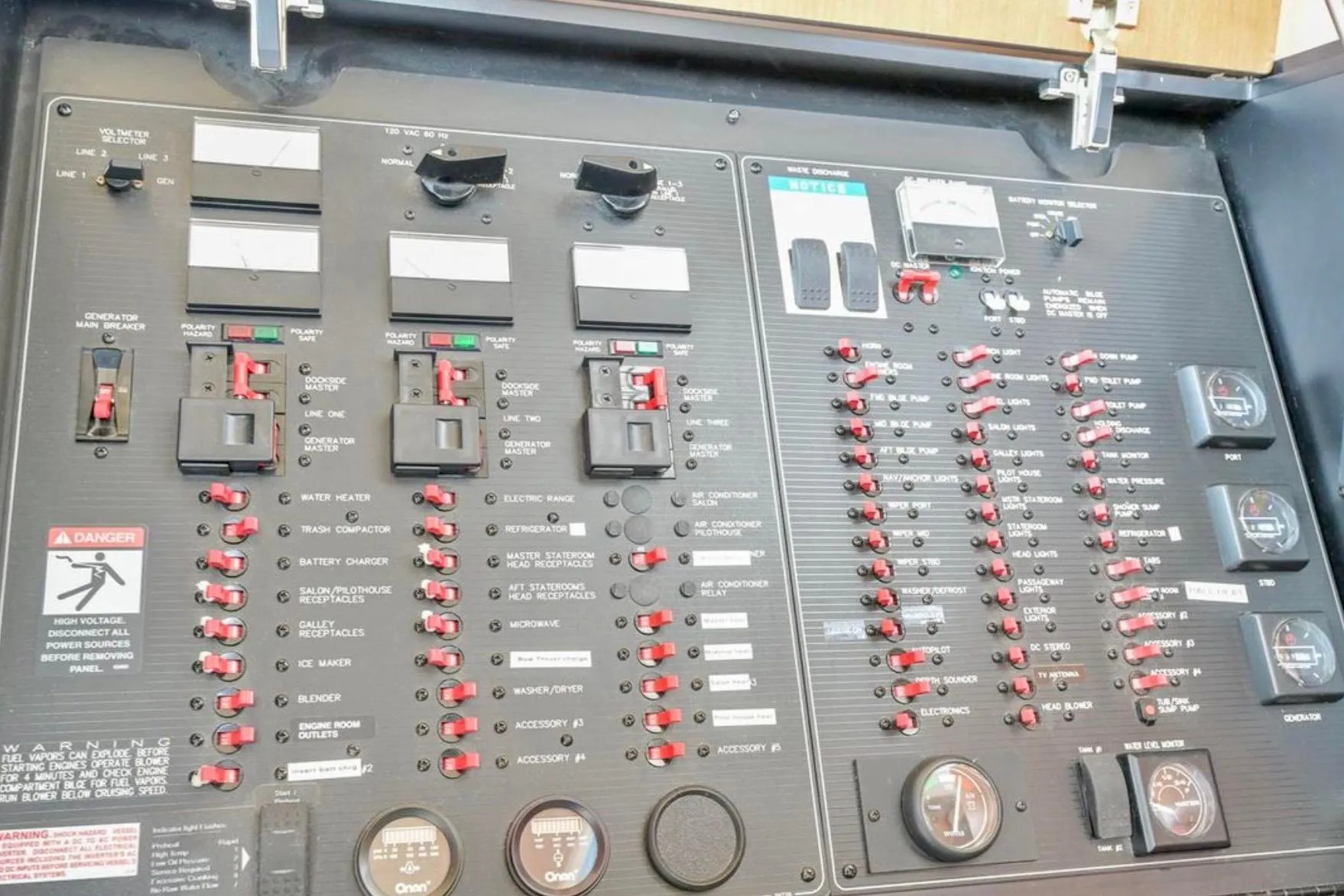 Electrical control panel of a 2004 Meridian 490 Pilothouse boat.
