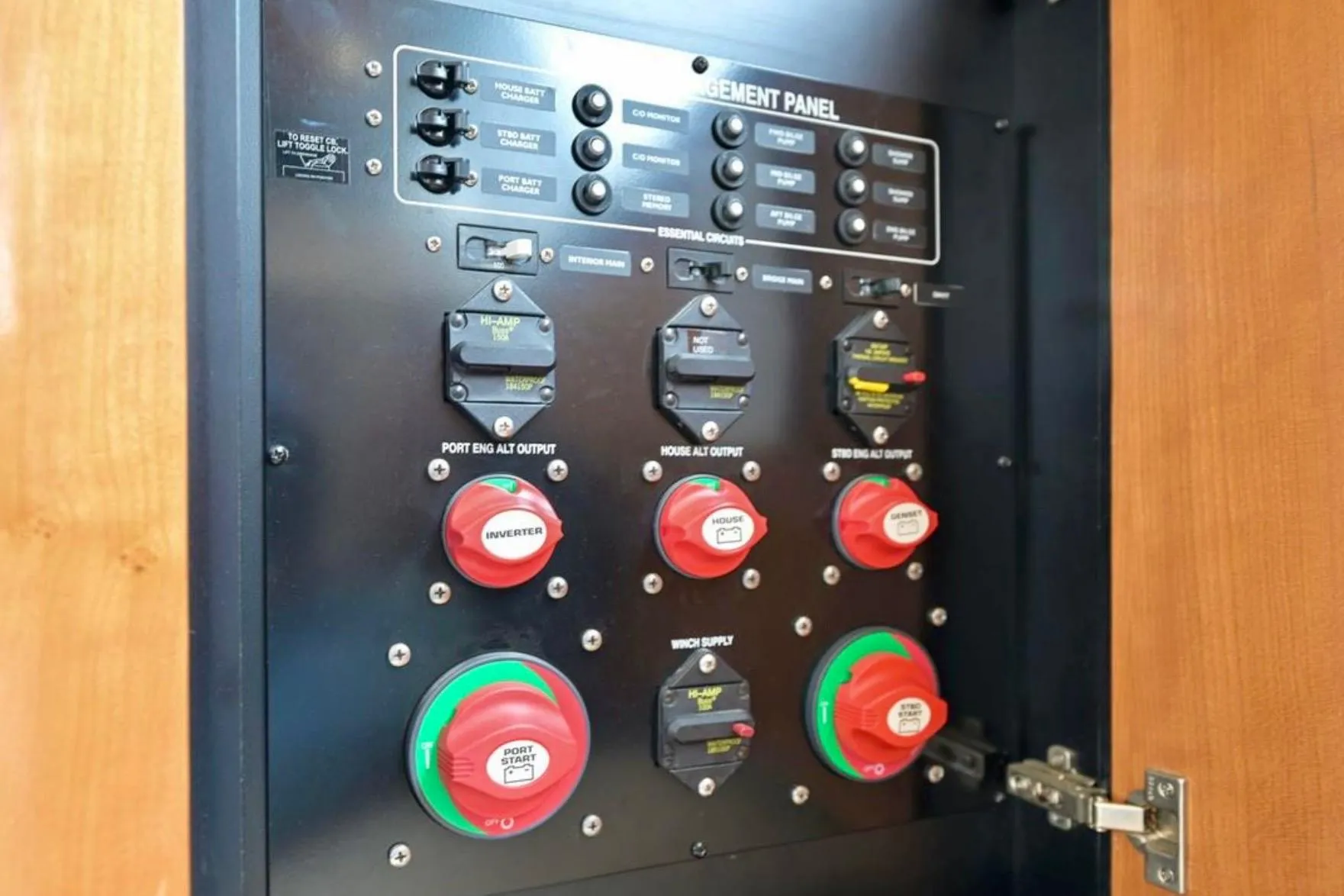 Electrical management panel on a 2004 Meridian 490 Pilothouse boat.