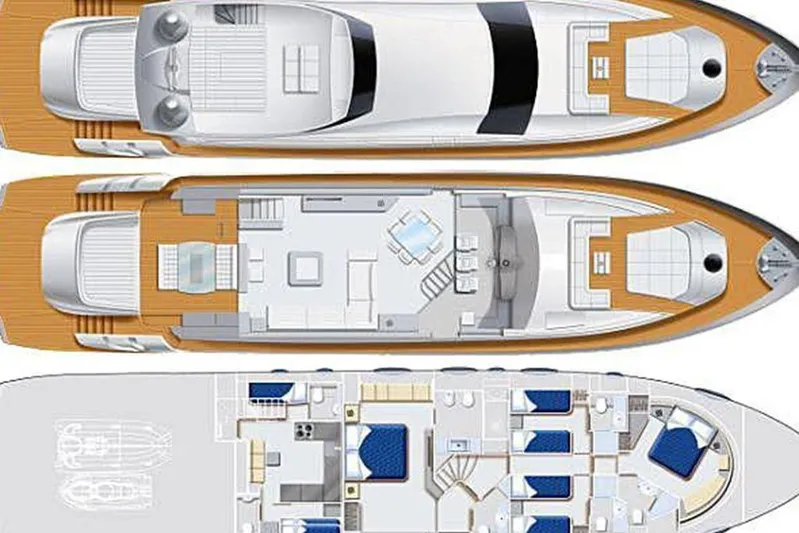 Honey Badger Yacht Photos Pics Deck layout of 2012 Pershing 92 yacht, showcasing multiple levels and cabin arrangements.