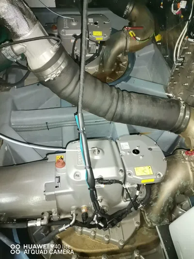 Panta Rei Yacht Photos Pics Engine room of 2022 Monachus 70 Fly yacht, showcasing mechanical components and piping.