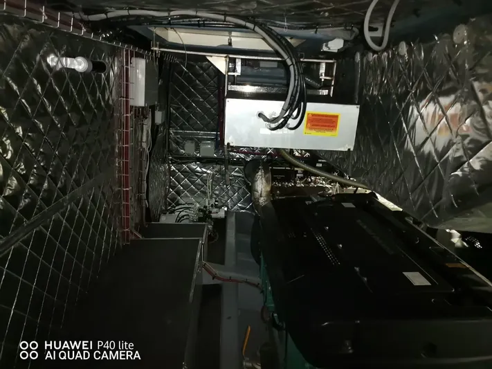 Panta Rei Yacht Photos Pics Engine room of 2022 Monachus 70 Fly yacht with metallic insulation and machinery.