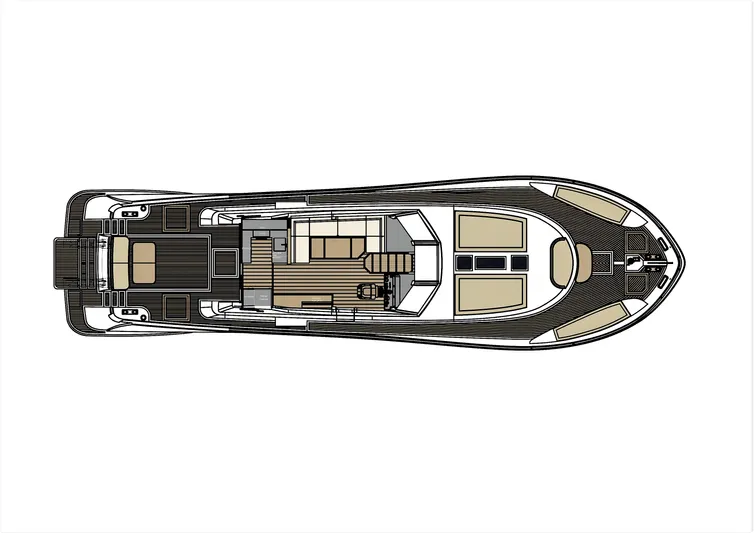 Panta Rei Yacht Photos Pics Top view layout of 2022 Monachus 70 Fly yacht, showcasing interior and deck design.