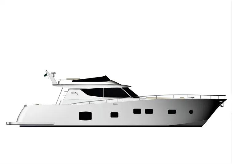 Panta Rei Yacht Photos Pics 2022 Monachus 70 Fly yacht, side view, sleek design, white exterior.