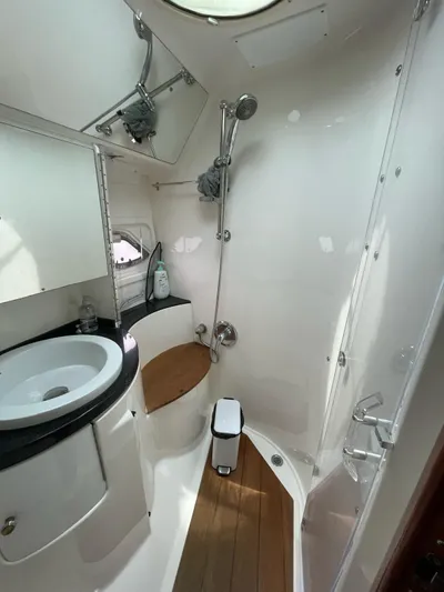 Rough Play Yacht Photos Pics 2010 Regal 600 Express bathroom with modern fixtures and wooden accents.