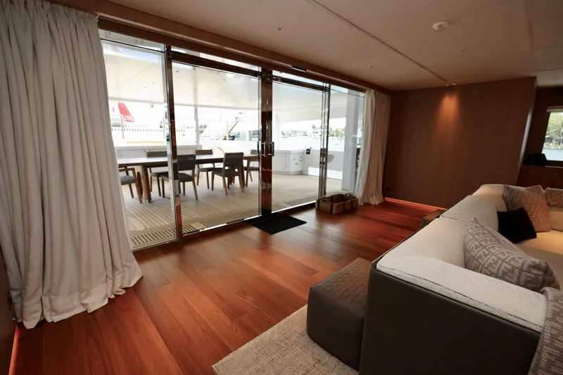  Yacht Photos Pics Luxurious interior of 2024 Rossinavi 49M Sport Yacht with elegant wood flooring and modern furnishings.