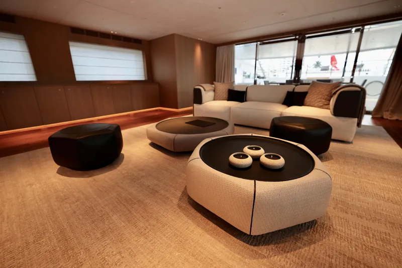  Yacht Photos Pics Luxurious interior of 2024 Rossinavi 49M Sport Yacht with modern seating and decor.