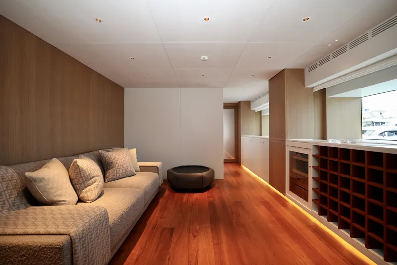  Yacht Photos Pics Luxurious interior of 2024 Rossinavi 49M Sport Yacht with elegant wood flooring and modern furnishings.