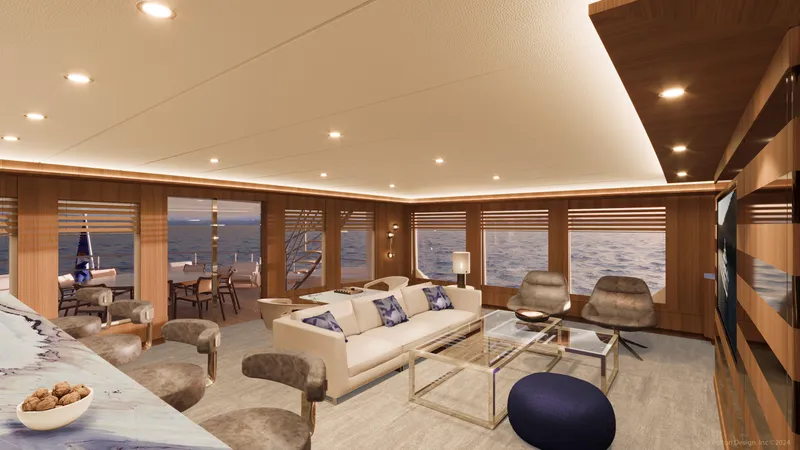 120 Discovery Yacht Photos Pics Luxurious interior of 2027 Cheoy Lee 120 Discovery yacht with modern furnishings and ocean view.