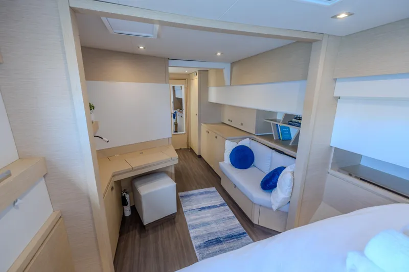  Yacht Photos Pics Luxurious interior of 2017 Fountaine Pajot Ipanema 58 yacht with modern furnishings.