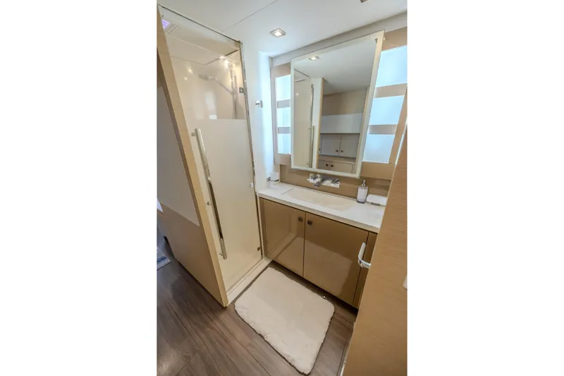  Yacht Photos Pics Luxurious bathroom in 2017 Fountaine Pajot Ipanema 58 yacht with modern fixtures.