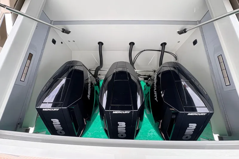 2025 De Antonio Yachts D42 @ Cancun Yacht Photos Pics Triple Mercury engines on 2025 De Antonio Yachts D42.