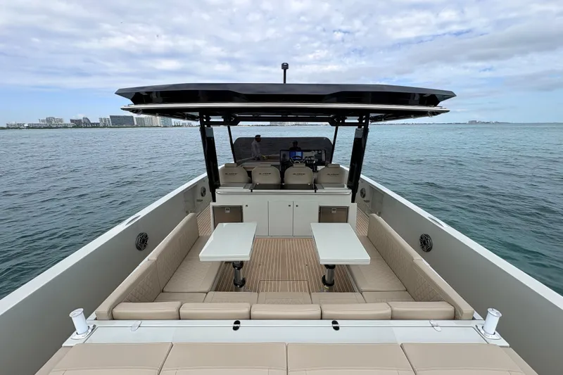 2025 De Antonio Yachts D42 @ Cancun Yacht Photos Pics 2025 De Antonio Yachts D42 luxury yacht with spacious deck and seating on open water.